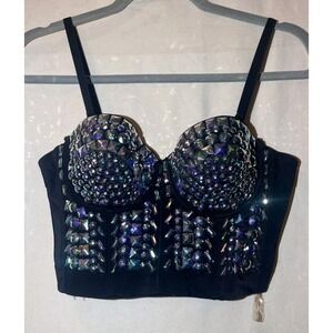 Vintage 1980's Lydia USA‎ Black SZ M Gem Embellished Bustier Bra Top